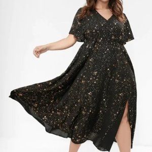 NWT!Black & Gold Star Button Pocket Wrap Split Ruffles Maxi Dress Size 14-16 -1X